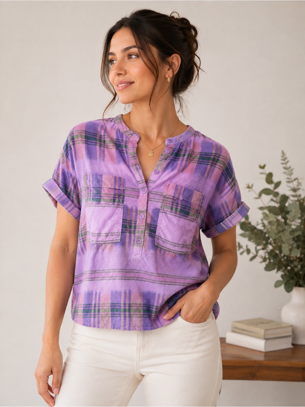 PILCRO and the Letterpress Plaid Button Down Shirt Purple Pink XS
